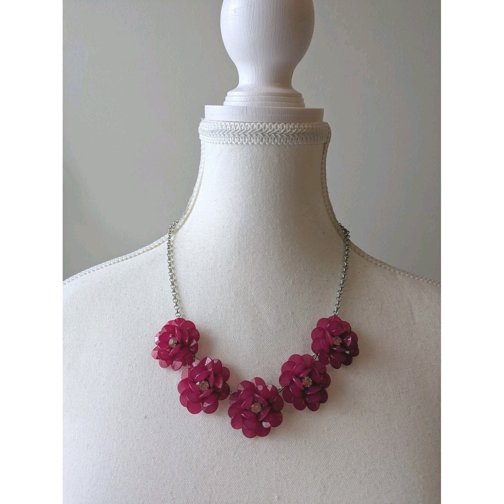 Cluster Floral Necklace Cranberry Silver Tone Rhinestone Statement Red Flower